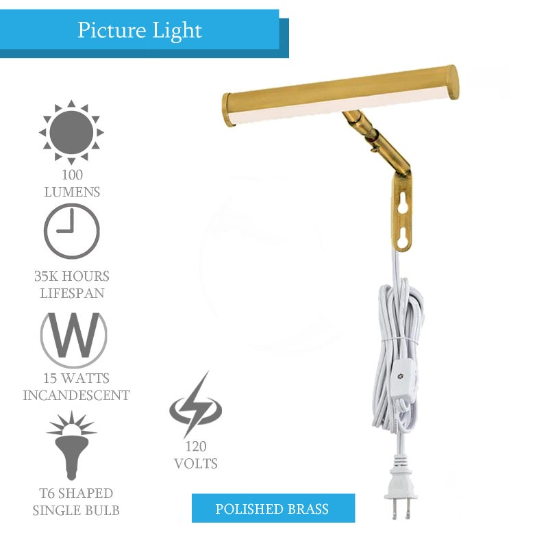Ciata Picture Light Picture Frame Light Adjustable 14-Inches Integrated LED Art Light 15 Watt Metal Picture Lights for Wall, Artwork Light with in-line On/Off Switch E12 Candelabra Base Polished Brass - Image 5